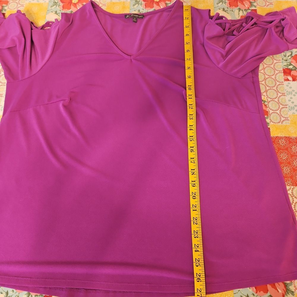 Adrianna Papell Magenta V-Neck Cold-Shoulder Blouse with Lattice Sleeves - Picture 8 of 9